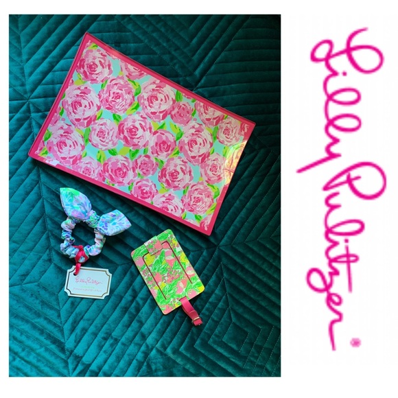 Lilly Pulitzer Other - Lilly Pulitzer Collection Glass Catch All Tray, Hair Scrunchies and Luggage Tag